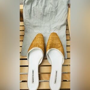 Manolo Blahnik Tan Woven  white mules
